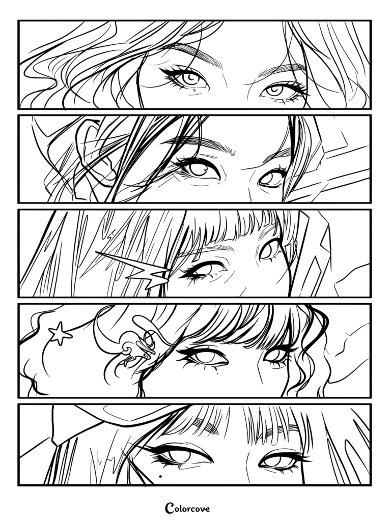 Printable coloring page featuring fan art of the eyes and faces of the K-pop group LE SSERAFIM arranged in a comic book poster style.