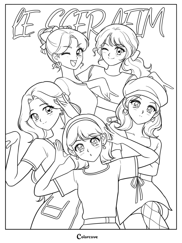 A printable coloring page of the K pop girl group LE SSERAFIM drawn in a nostalgic 1990s retro anime style, featuring the members in matching white outfits.
