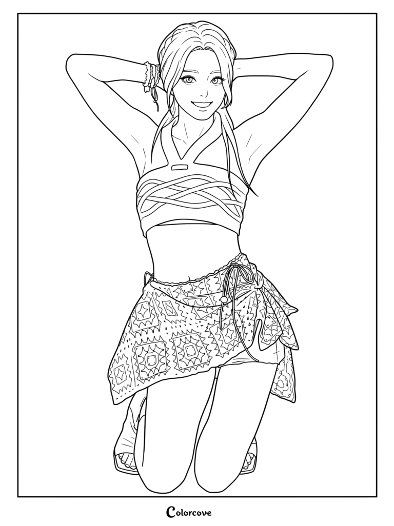 Yujin le sserafim coloring page featuring Yujin kneeling with her hands behind her head, wearing a cropped strappy top and a patterned wrap skirt.