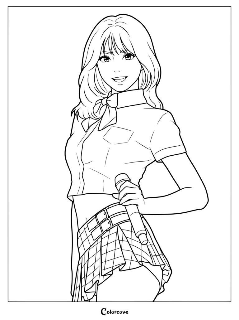 Kazuha Nakamura coloring page showing her holding a microphone in a plaid skirt, part of the LE SSERAFIM collection.