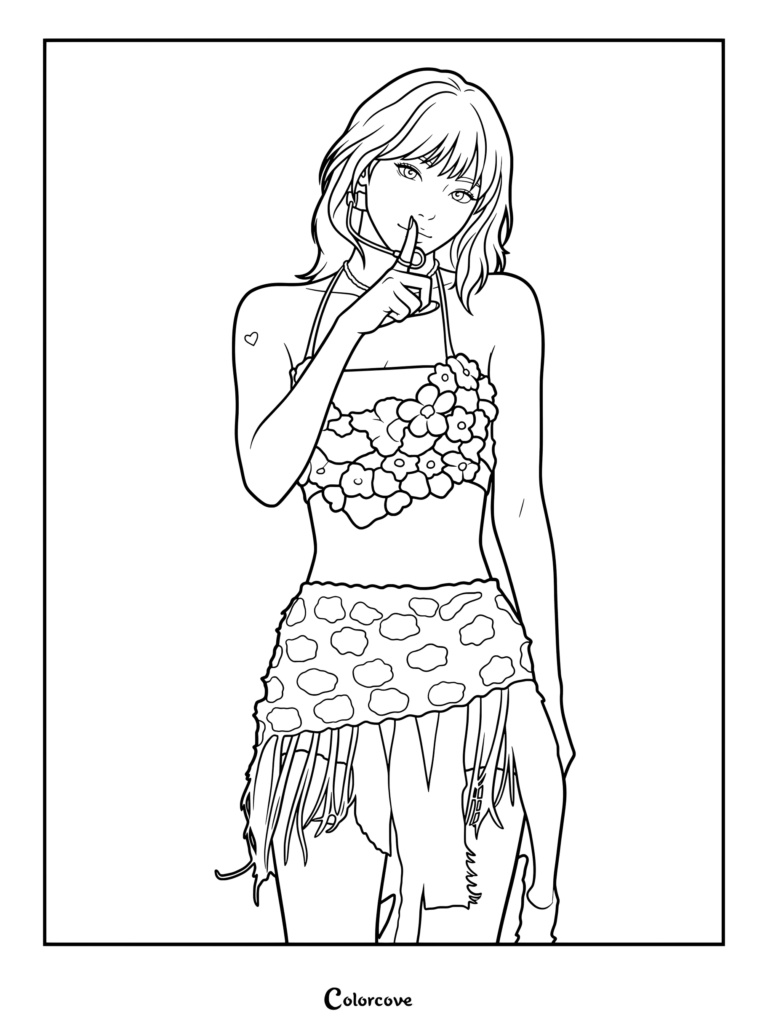 Kim Chaewon from LE SSERAFIM holding a finger to her lips in a shushing pose, coloring page.