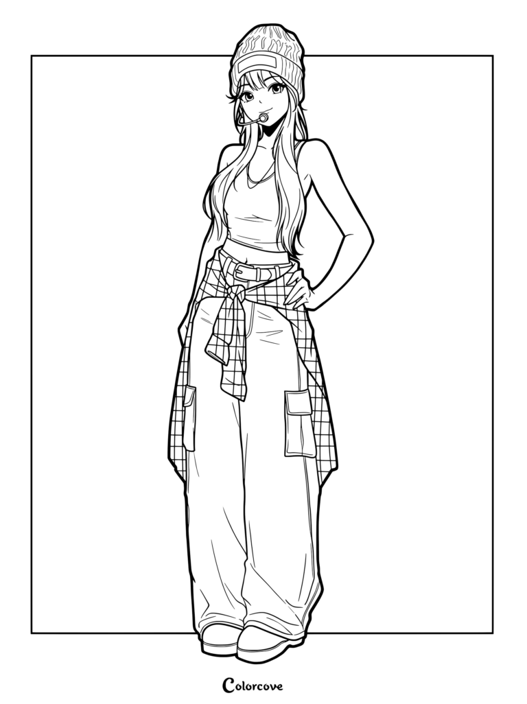 A printable coloring page of KIM CHAEWON from LE SSERAFIM wearing a beanie, crop top, baggy cargo pants, and a plaid shirt tied around her waist.