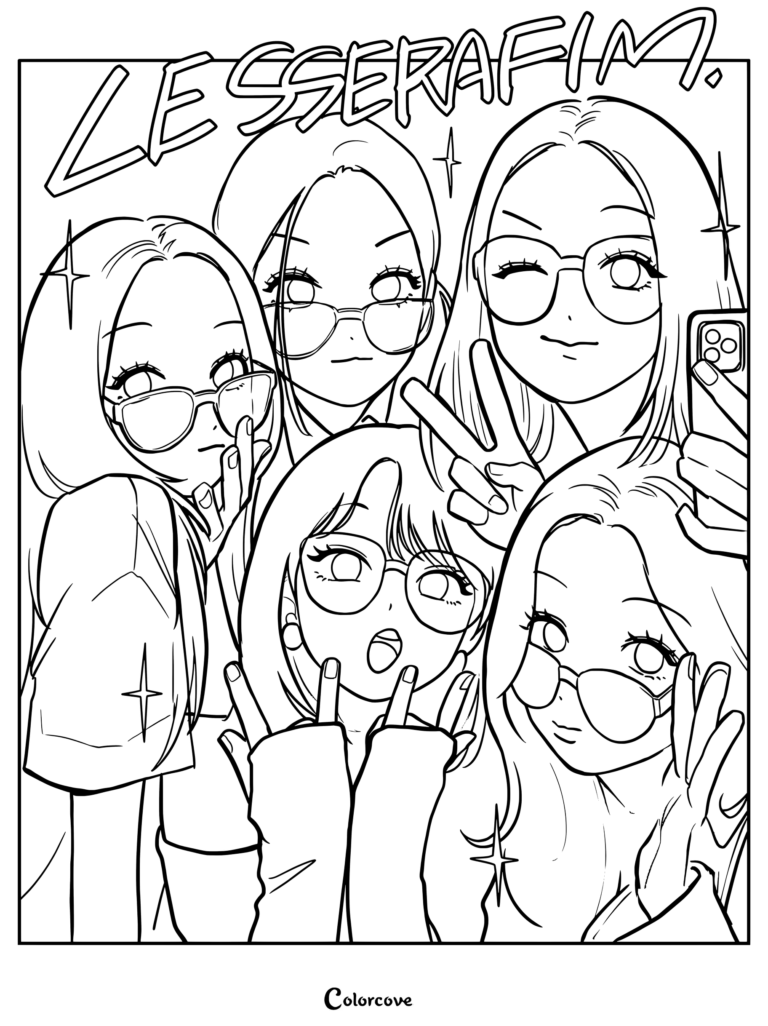 LE SSERAFIM group selfie coloring page featuring five members wearing glasses and posing together.