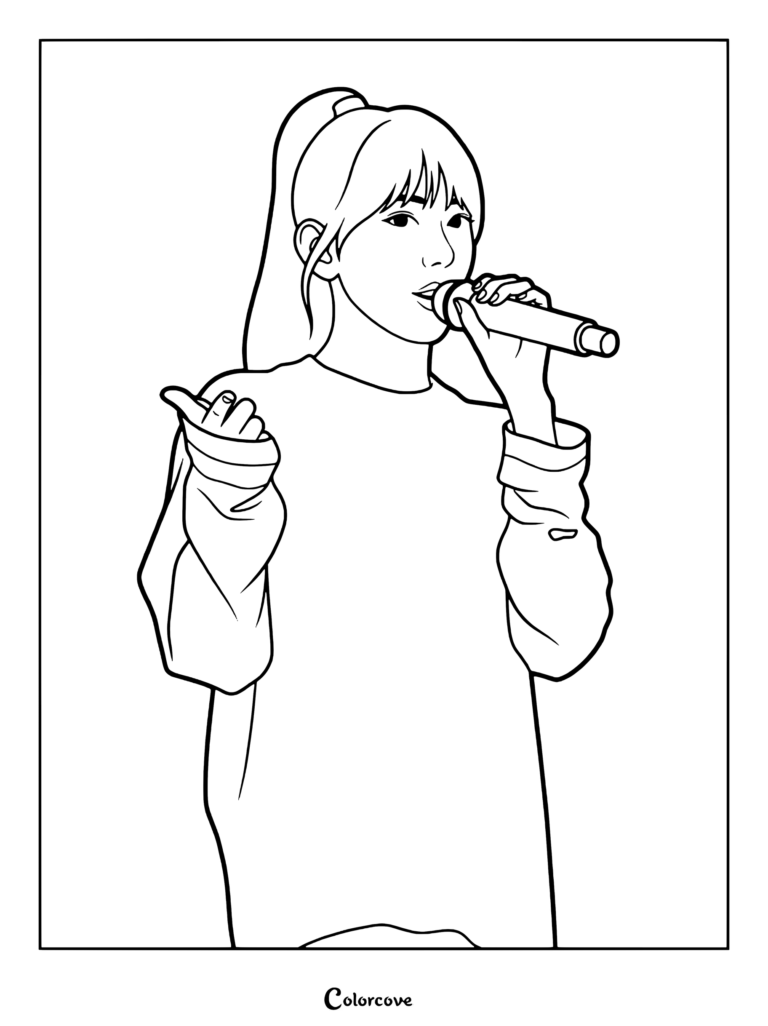 Sakura Miyawaki singing into a microphone coloring page for fans of LE SSERAFIM.