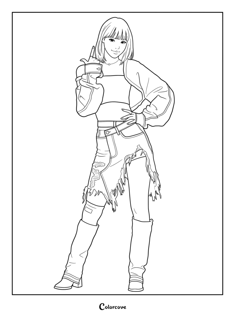 Digital fan art coloring page of Kim Chaewon from the K-pop group LE SSERAFIM during their ANTIFRAGILE era.