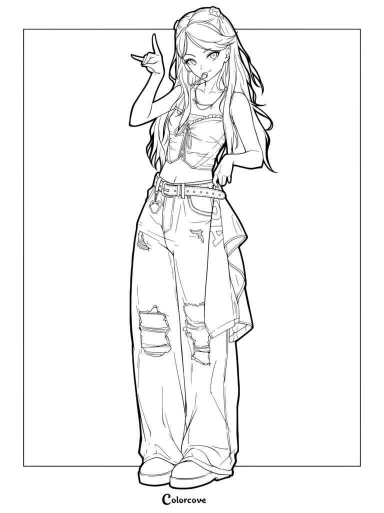 Printable coloring page of Sakura from LE SSERAFIM dressed in her EASY CRAZY HOT tour outfit for the Saitama Super Arena stop.
