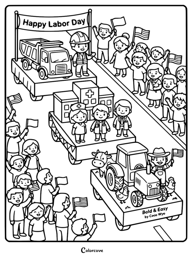A Labor Day parade coloring page featuring three floats with a construction worker, medical staff, and a farmer with animals, while a crowd cheers and waves American flags.