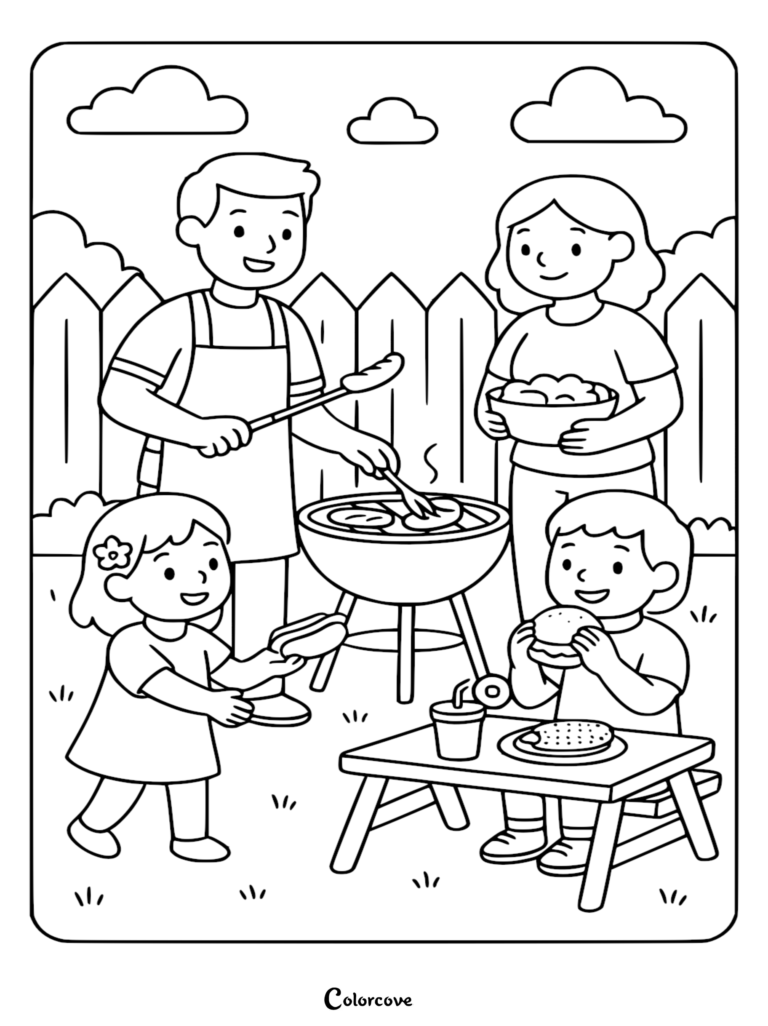A family of four enjoying a backyard barbecue, featuring a father grilling, a mother holding a bowl, and two children eating, in a printable coloring page format.