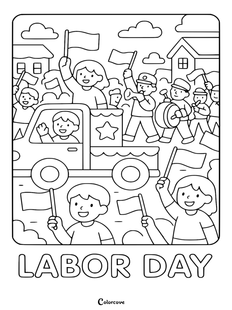 A festive Labor Day parade coloring page featuring children waving flags, a decorated truck, and a marching band in a neighborhood setting.