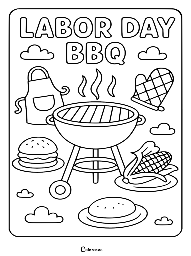 Labor Day BBQ coloring page featuring a charcoal grill, apron, oven mitt, hamburger, and corn on the cob.