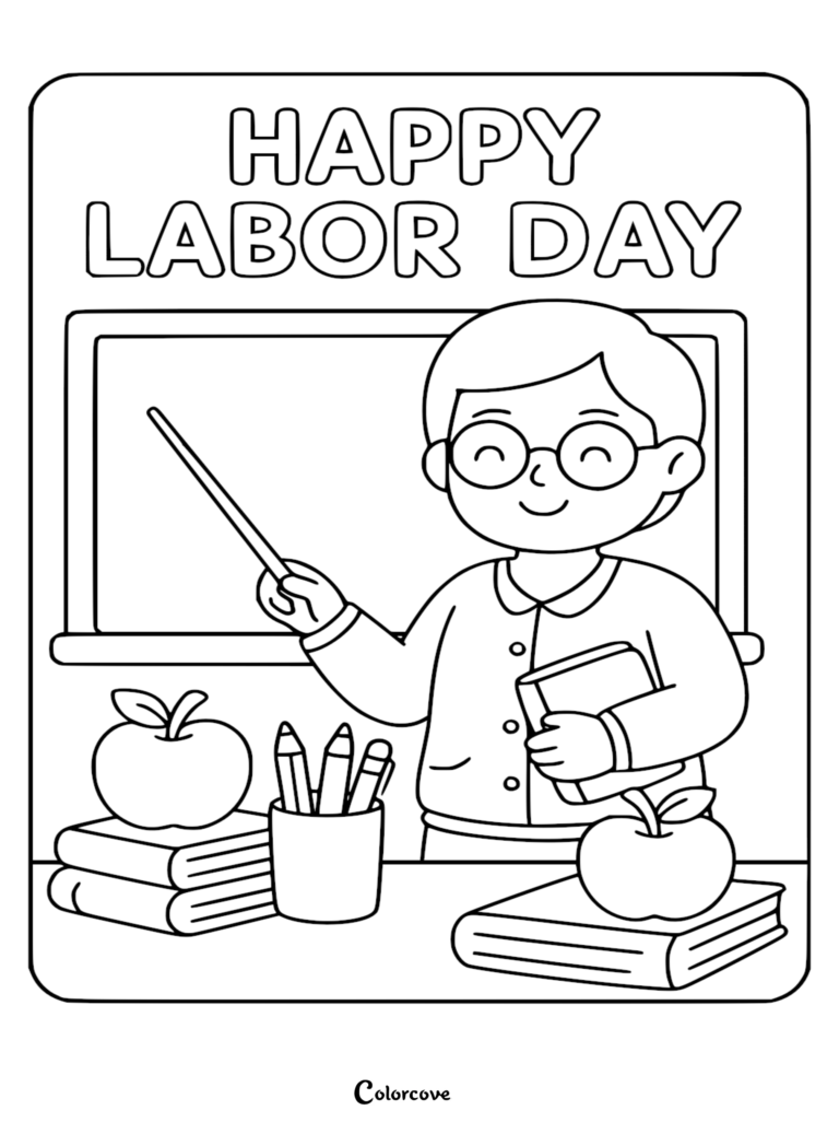 A smiling teacher with glasses holding a pointer and book in front of a chalkboard, featured on a Labor Day coloring page with apples and pencils.