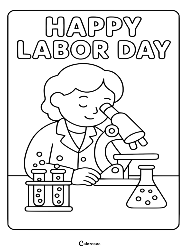 A scientist in a lab coat looking through a microscope with test tubes and a flask on a table, Labor Day coloring page.