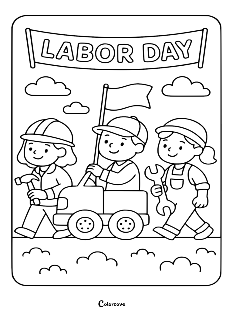 A Labor Day coloring page featuring three children dressed as workers, one holding a hammer, one driving a toy truck with a flag, and one holding a wrench under a Labor Day banner.
