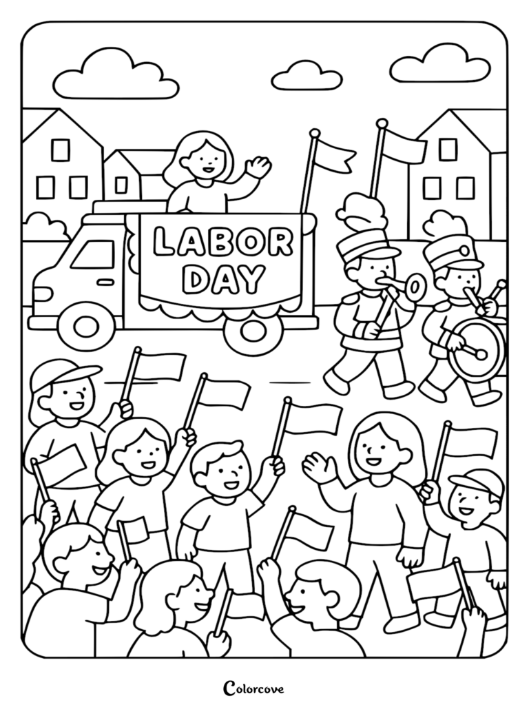 A Labor Day parade coloring page featuring a float with a banner, marching band members playing instruments, and a crowd of happy people waving small flags.