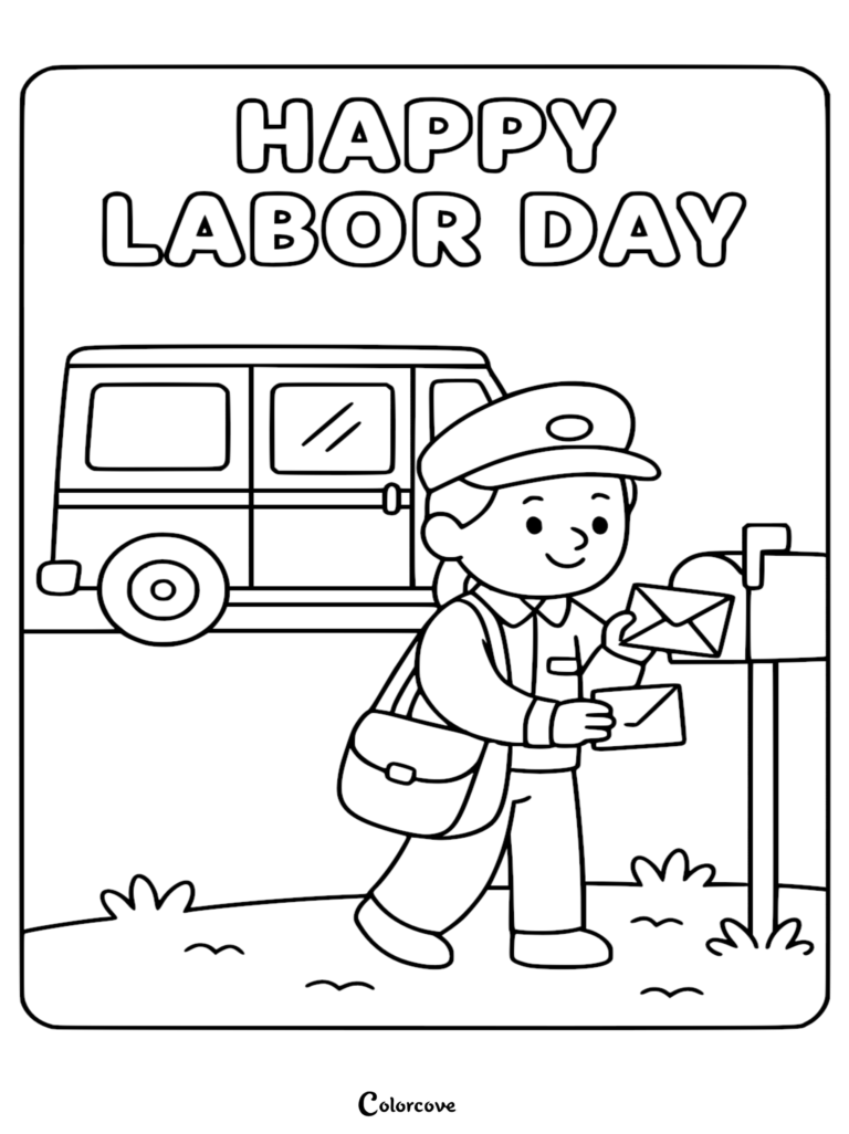 A smiling mail carrier in uniform delivering letters into a mailbox next to a postal truck in this Labor Day coloring page.