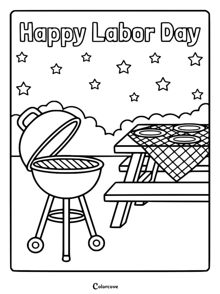 A Labor Day coloring page featuring an open charcoal grill next to a picnic table with a checkered tablecloth and plates under a starry sky.