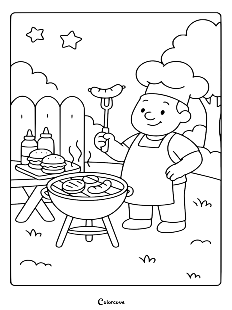 A smiling chef wearing a tall hat and apron holding a fork with a sausage over a charcoal grill, with burgers and condiments on a nearby table, in this Labor Day coloring page.