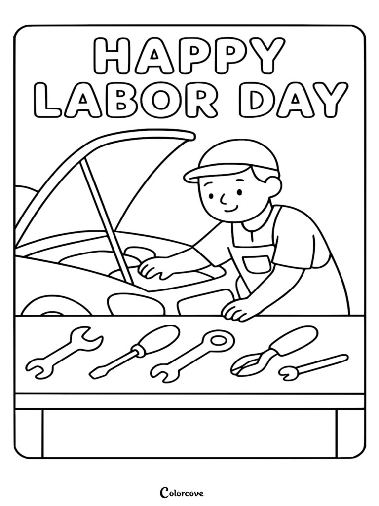 A smiling mechanic wearing a cap and apron working on a car engine with tools laid out on a workbench in this Labor Day coloring page.