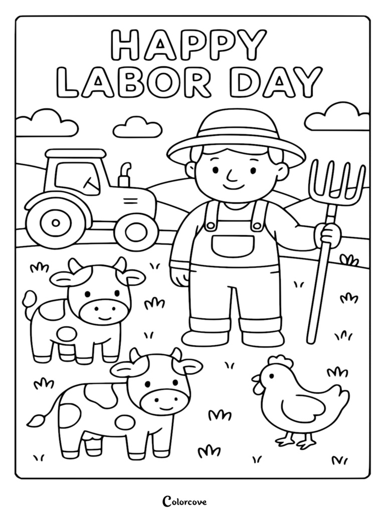 A smiling farmer holding a pitchfork in a field with two cows, a chicken, and a tractor in this Labor Day coloring page.