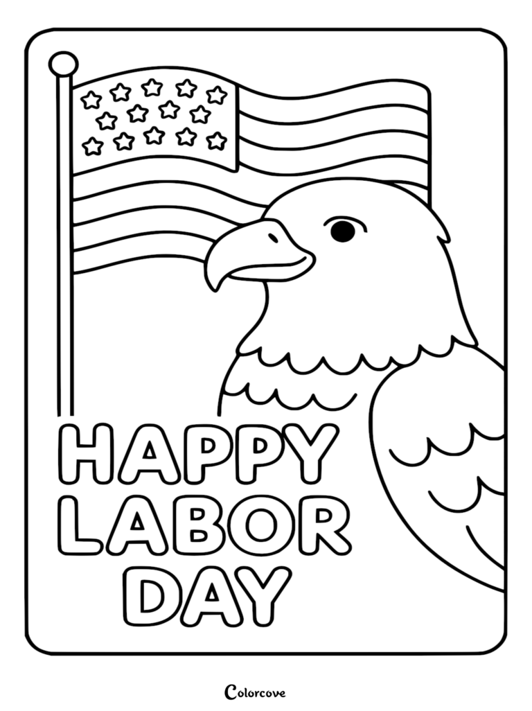 A bald eagle standing in front of a waving American flag on a flagpole, with the text Happy Labor Day below, in a printable coloring page format.