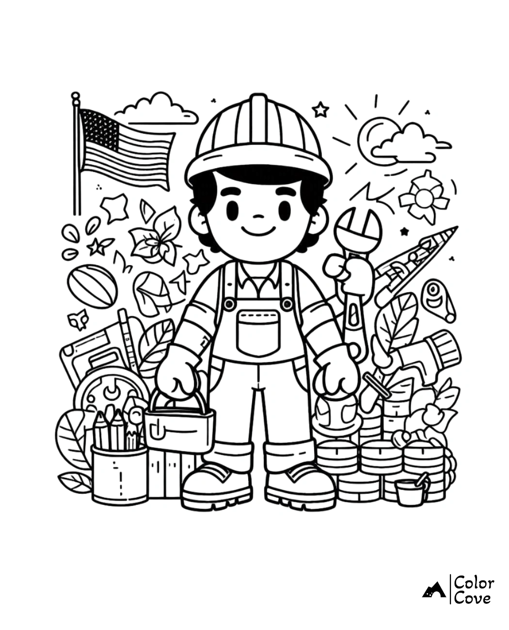 a black and white illustration of a cartoon worker