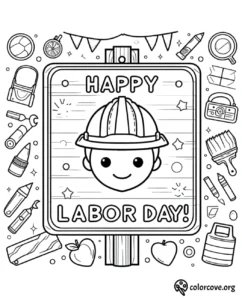 a coloring page of a sign with a cartoon face and tools