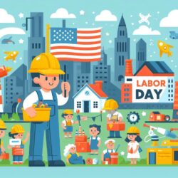 Labor Day coloring page showing construction workers, kids, American flag, and cityscape celebrating labor and industry.