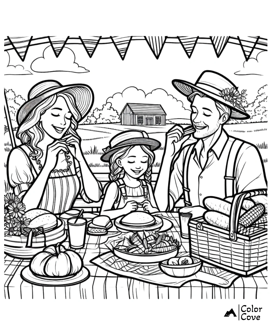 a black and white drawing of a family at a picnic table