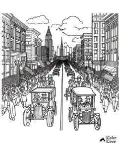 a drawing of a parade of people in cars