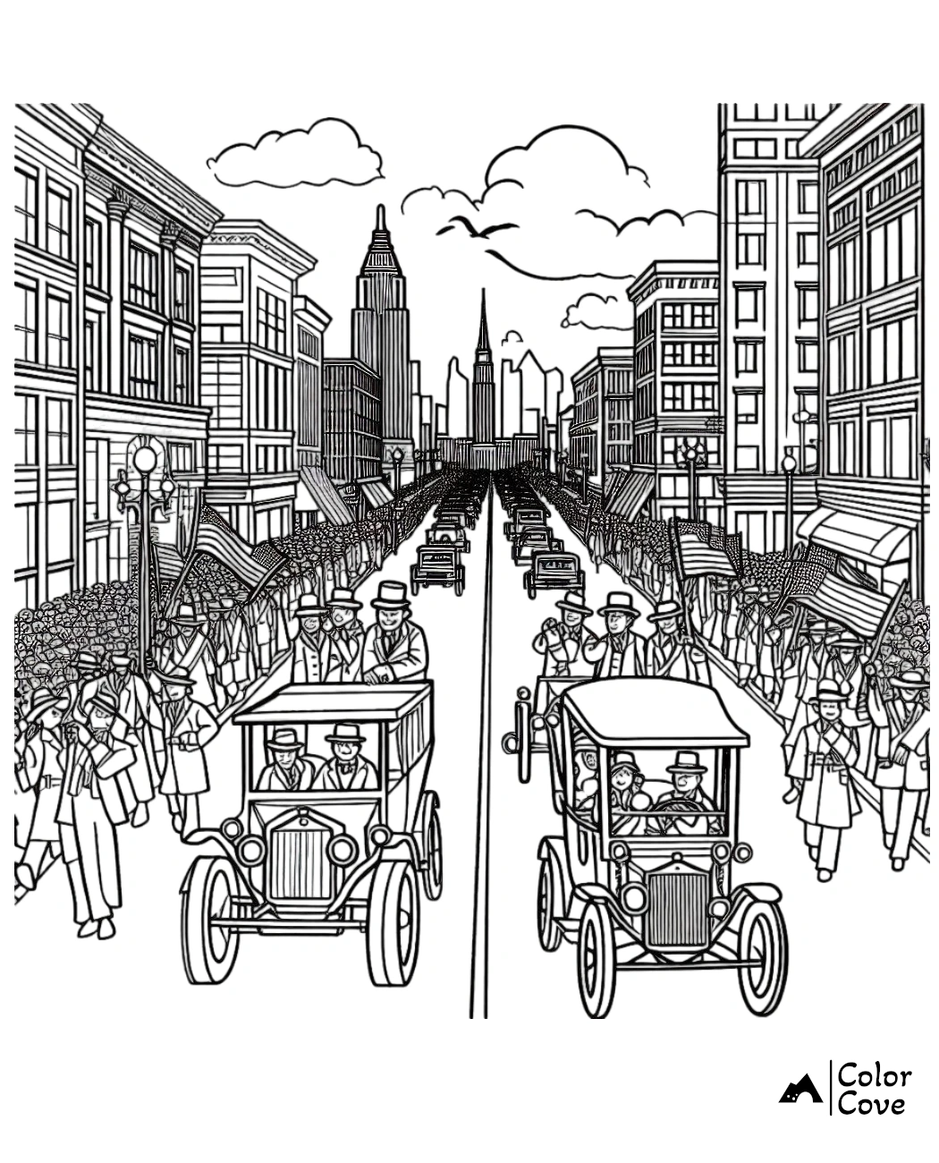 a drawing of a parade of people in cars