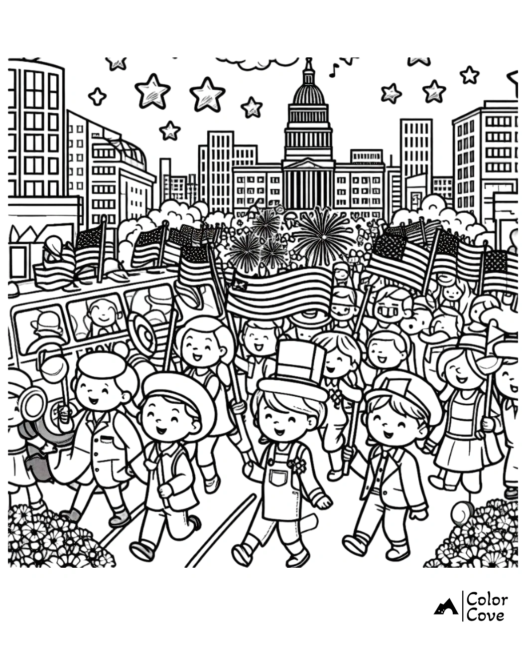 a coloring page of a parade of people