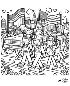 a coloring page of a parade of people