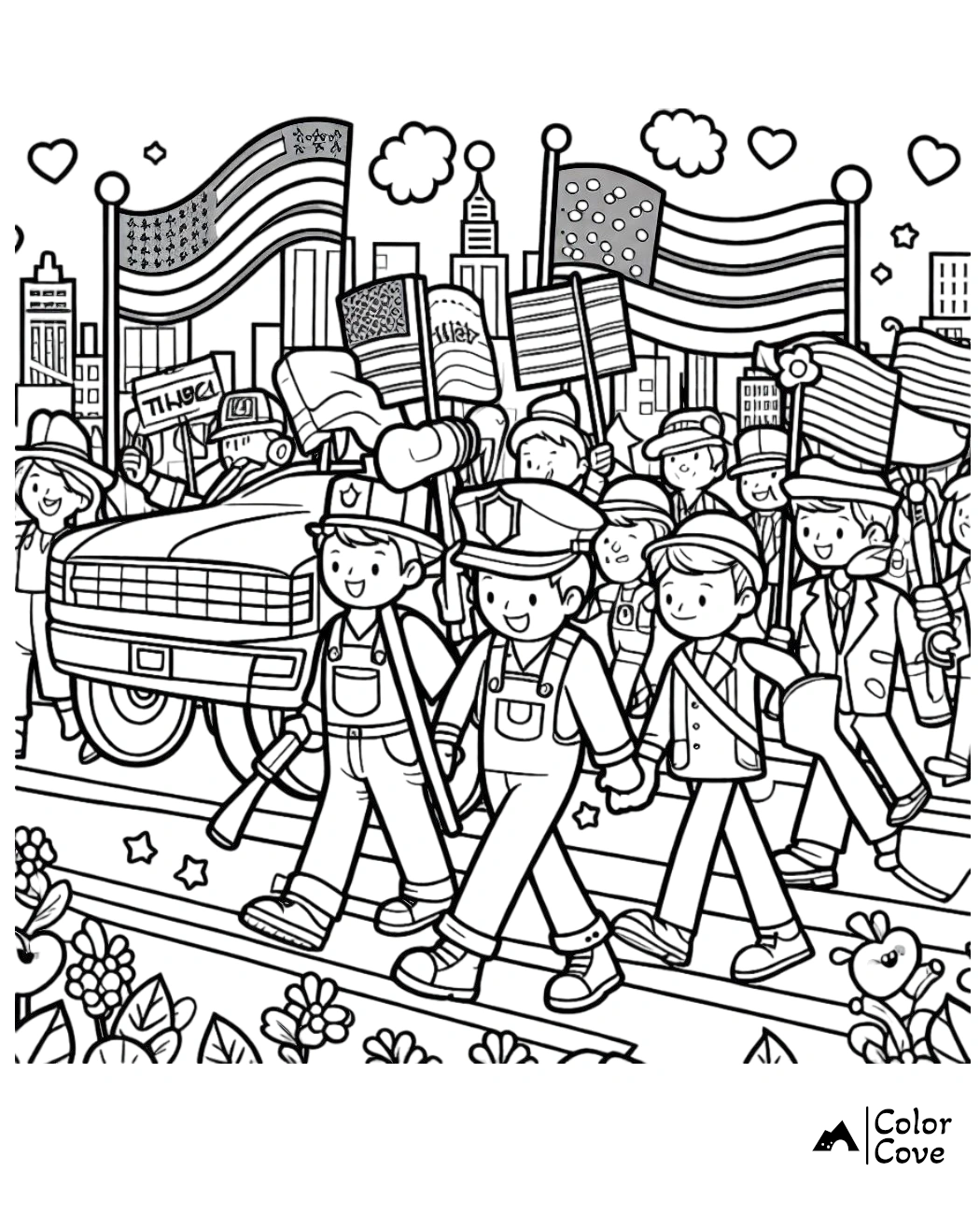 a coloring page of a parade of people