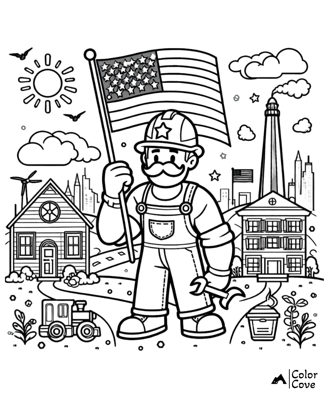 a coloring page of a man holding a flag