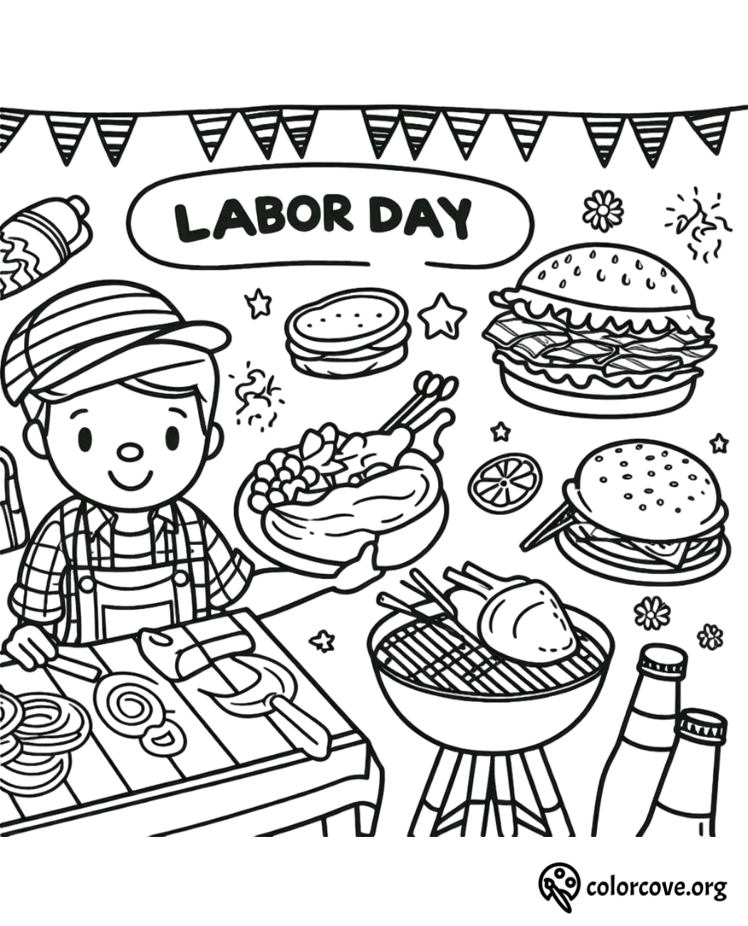 a coloring page of a man cooking food