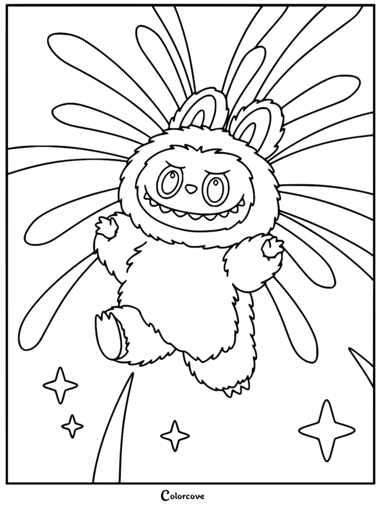 Labubu with her signature nine sharp teeth grin floating in the air surrounded by radiating light rays and sparkling stars in this printable coloring page.