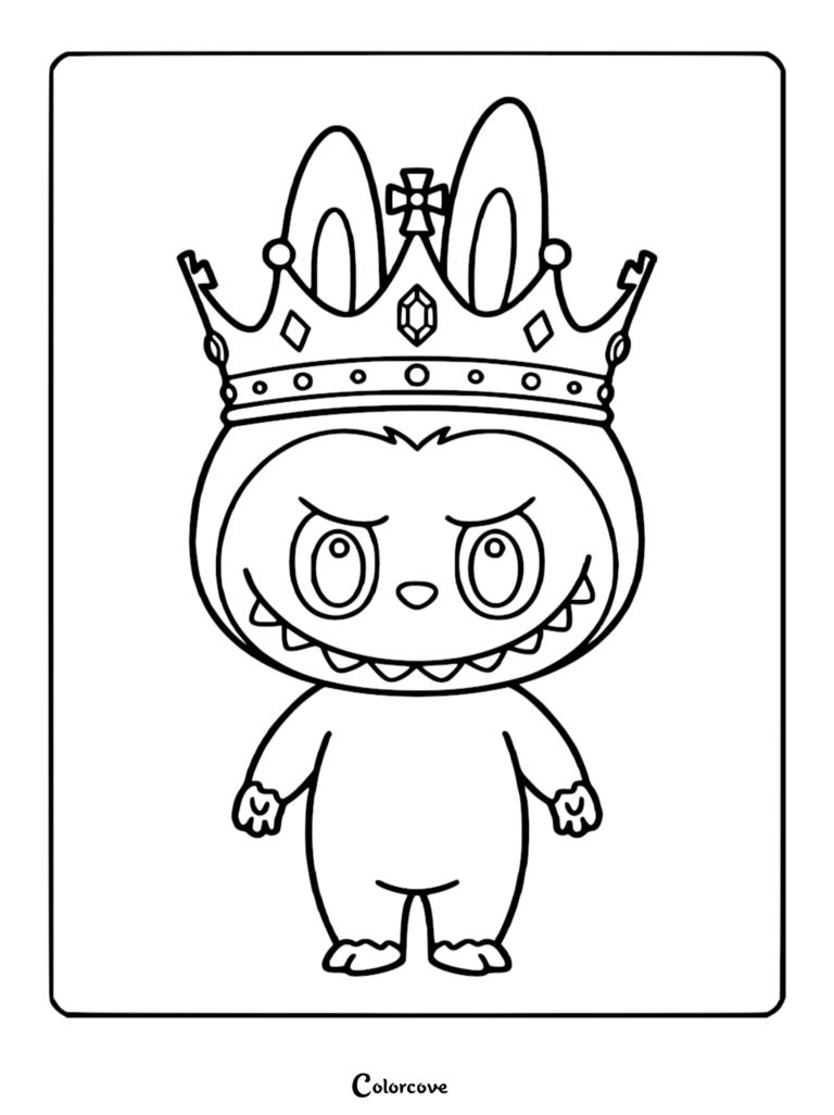 Labubu wearing a large ornate crown with a cross and gems, featuring her signature nine sharp teeth and wide ears, presented as a black and white line art coloring page.