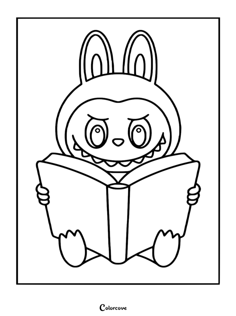 A printable coloring page featuring Labubu with large ears and a nine-toothed grin, sitting down and holding an open book.