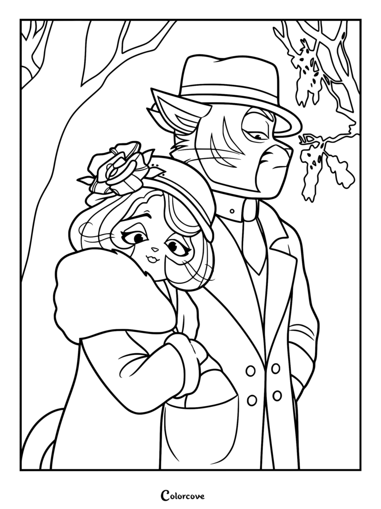 Atlas May wearing a fedora and trench coat standing beside Mitzy May in a floral hat and fur-trimmed coat in this Lackadaisy coloring page.