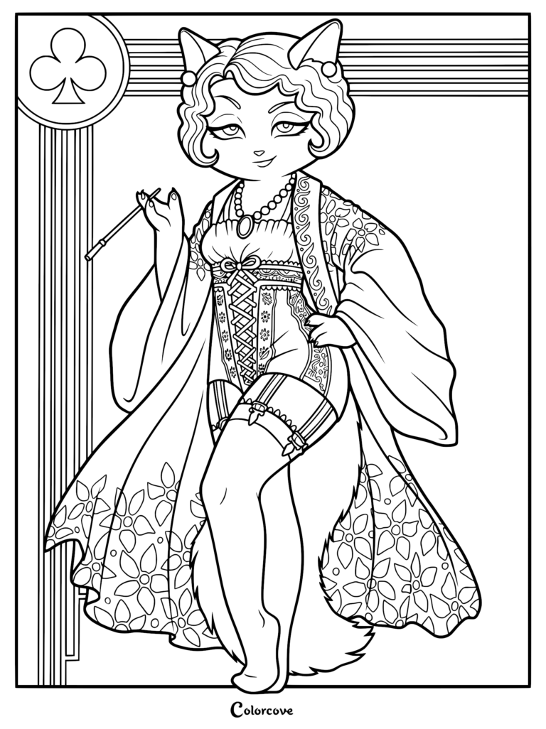 Mitzi May from Lackadaisy wearing a corset and floral robe holding a cigarette holder, featured on a club-themed coloring page.