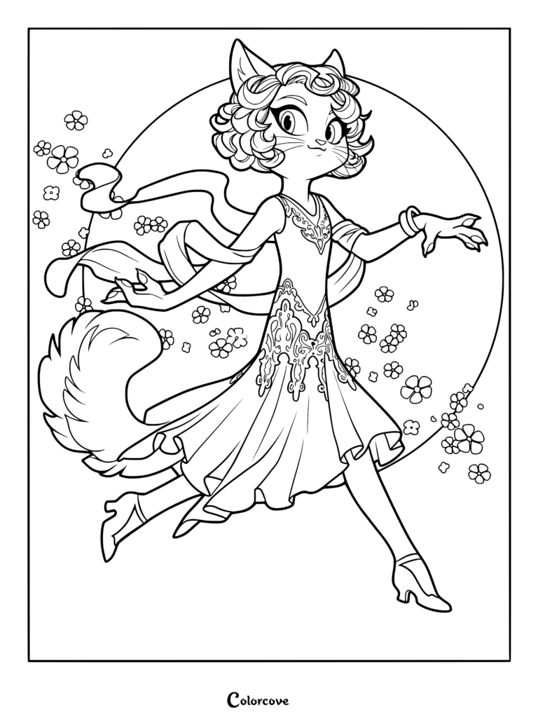 Mitzi May from Lackadaisy wearing a flapper dress and scarf in a floral background coloring page
