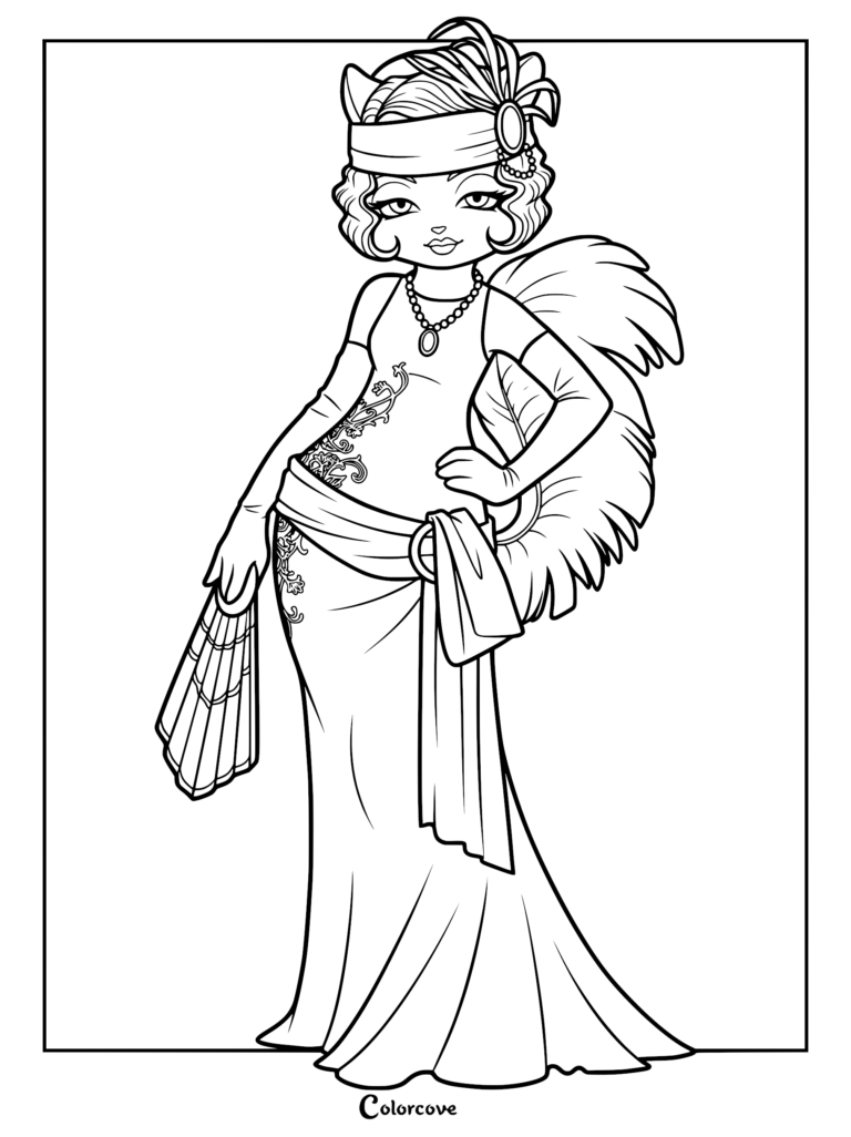 Mitzi May from Lackadaisy wearing a 1920s flapper dress with a feather boa and headband in this printable coloring page.