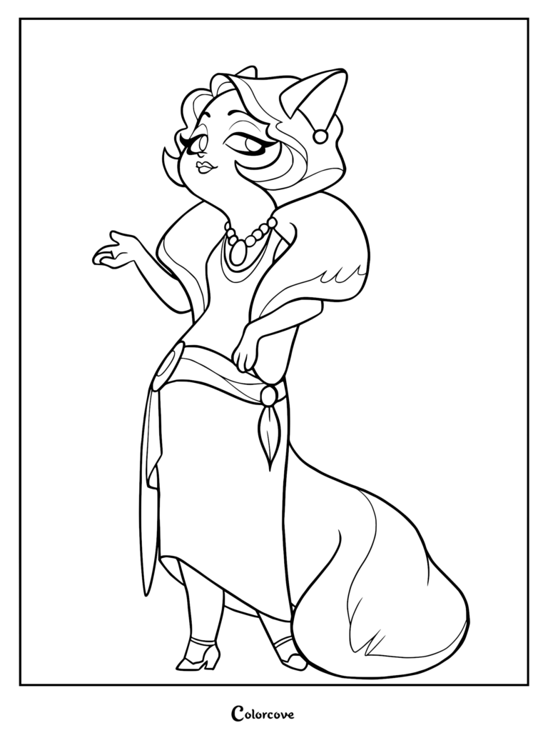 Mitzi May from Lackadaisy wearing a fur stole and pearl necklace in this printable coloring page.