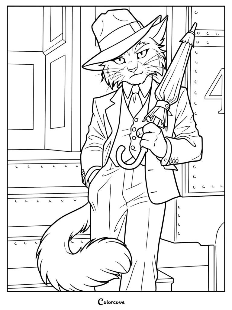 Mordecai Heller wearing a fedora and suit holding an umbrella in this printable Lackadaisy coloring page.