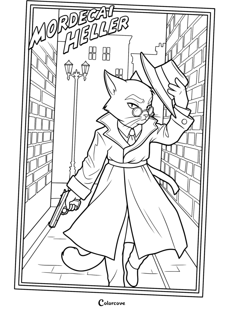 Mordecai Heller from Lackadaisy wearing a trench coat and glasses, tipping his hat while holding a pistol in a brick alleyway, printable coloring page.