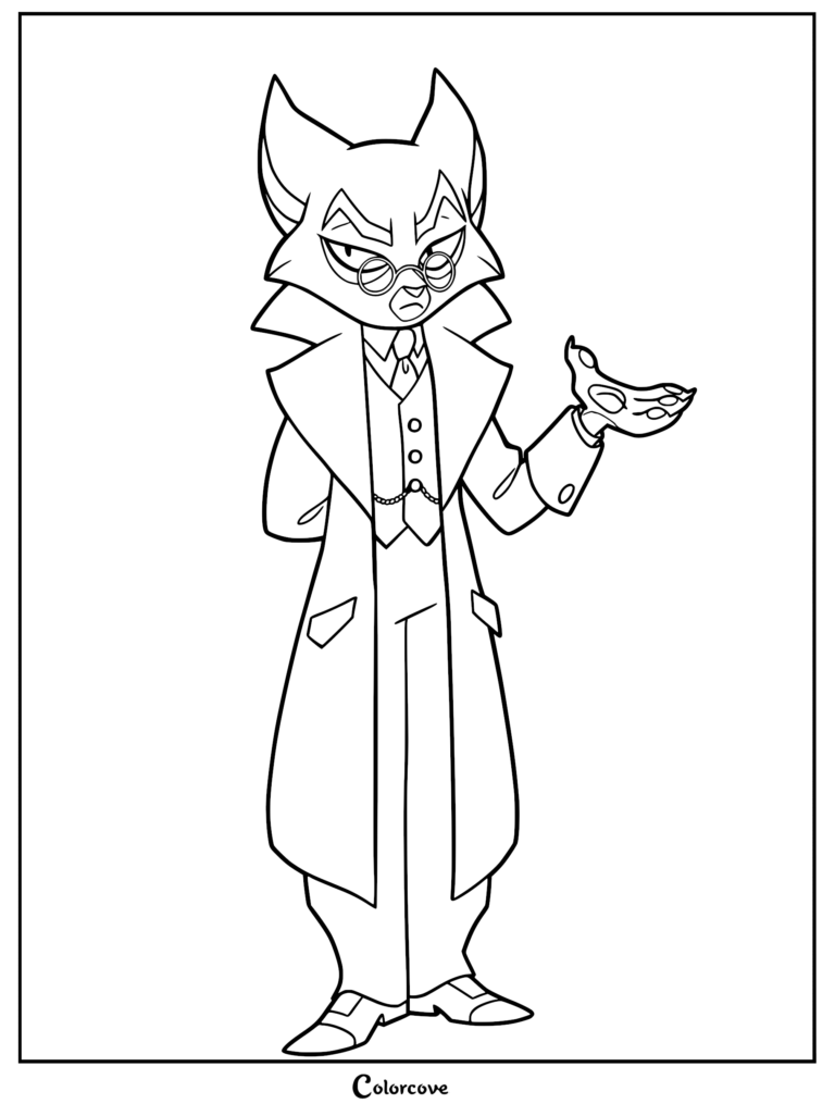 Mordecai from Lackadaisy wearing a suit and glasses in this printable coloring page.