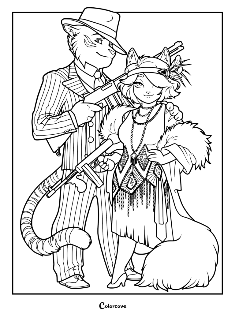 Nicodème Nico Savoy in a pinstripe suit and fedora standing beside Serafine Savoy in a flapper dress, both holding firearms in this Lackadaisy coloring page.