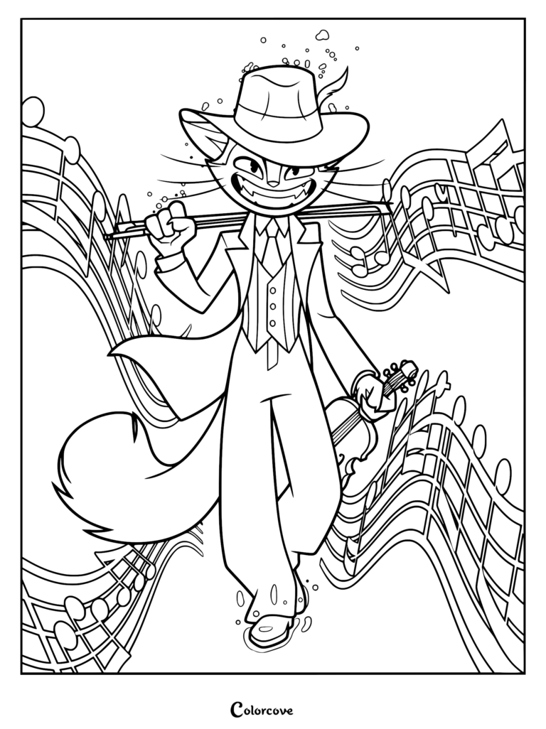 Rocky from Lackadaisy wearing a suit and fedora, holding a violin and bow, surrounded by musical notes in this printable coloring page.