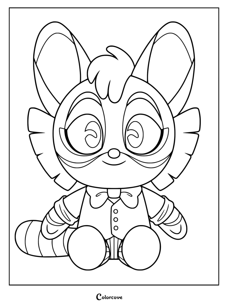A cute chibi Freckle plush from Lackadaisy featuring large eyes and a formal vest, presented as a printable coloring page.