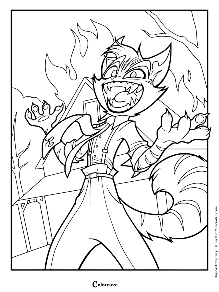 Rocky from Lackadaisy laughing maniacally with claws out in front of a burning house in this printable coloring page.